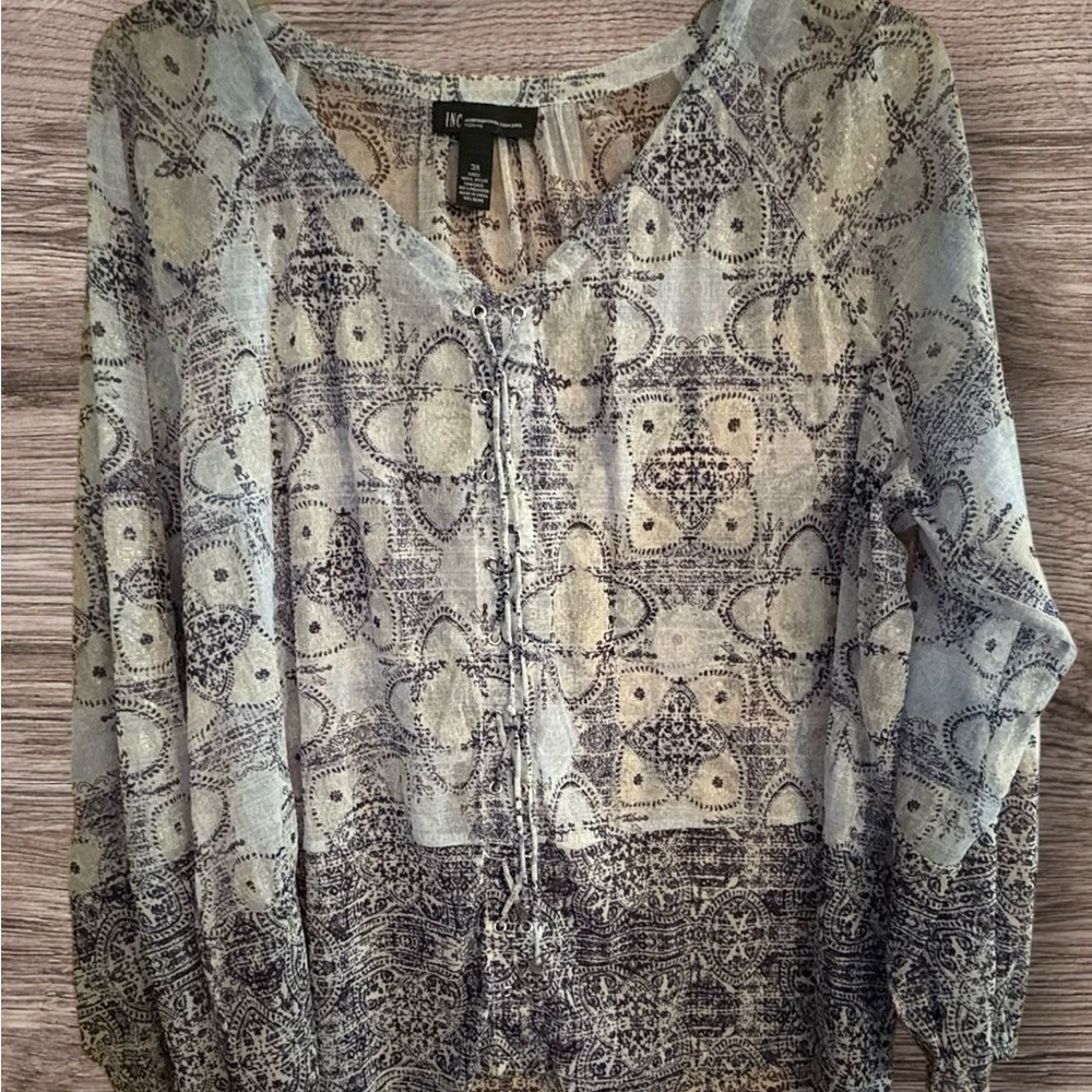 INC. International Concepts Plus Size Women's Patterned Blouse - Blue/Gray - 3X